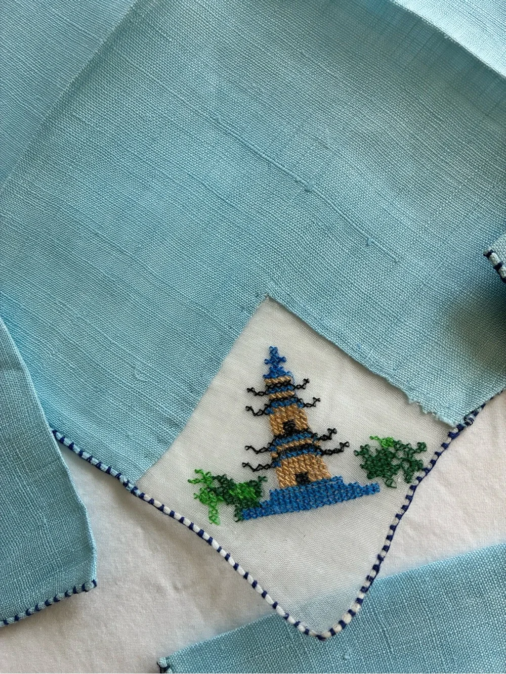 Vintage Set of 6 Light Blue Linen Embroidered Cocktail Napkins